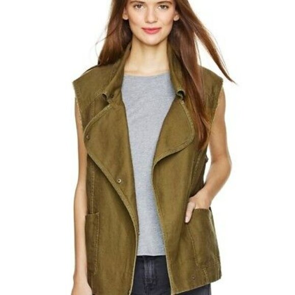 Aritzia Wilfred Freee Linn Army / Olive Green Linen Utility Cargo Vest Size XS